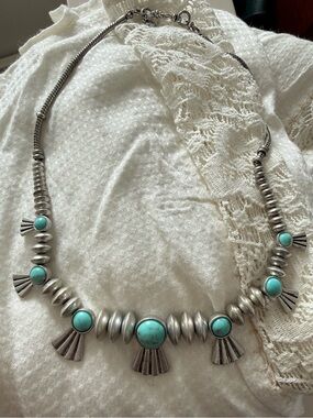Navajo Inspired Silver Turquoise Squash Blossom Necklace